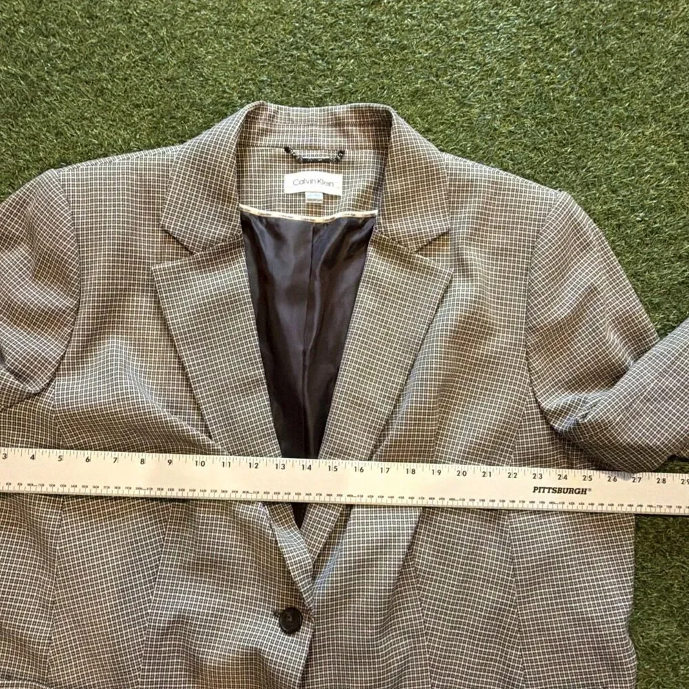 Calvin Klein Womens Brown Houndstooth Grid Plaid Blazer Jacket Single Button 24W - Picture 6 of 16